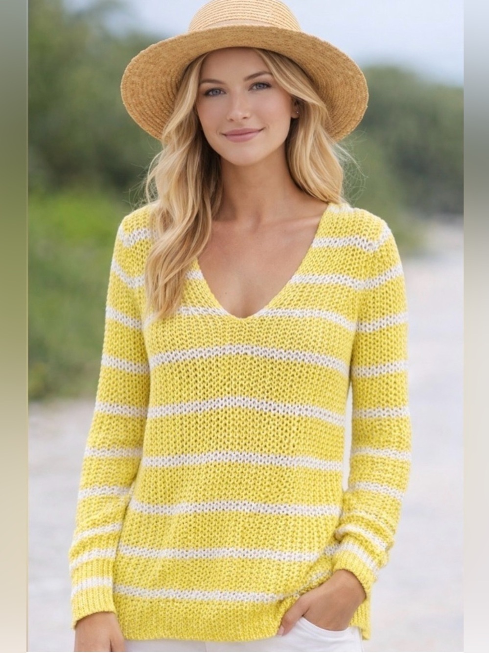 Banana Republic Yellow White Stripe Linen Sweater Women’s S V-Neck